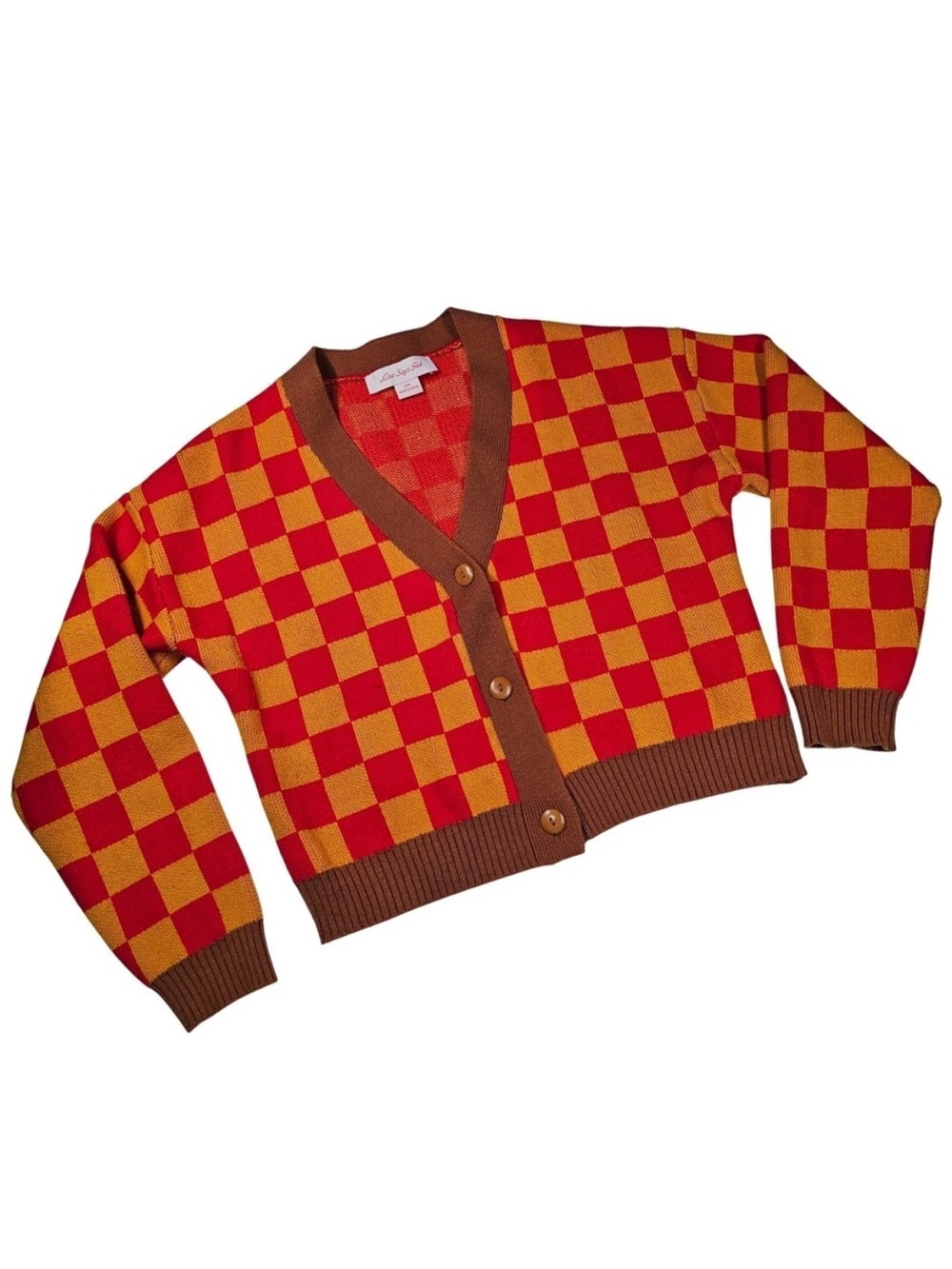 Lisa Says Gah Checkerboard Cardigan Red Orange Brown Knit Sweater XS/S